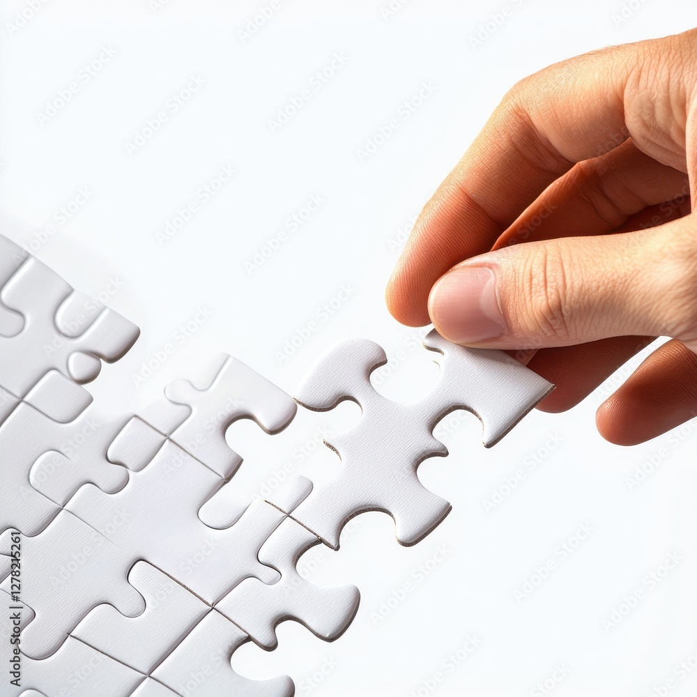 Poster a hand placing a white puzzle piece into an incomplete puzzle, symbolizing problem-solving and creat