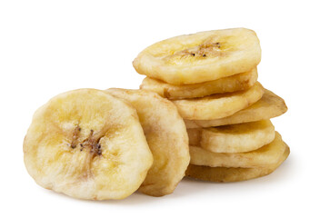 Dried banana chips close-up on a white. Isolated