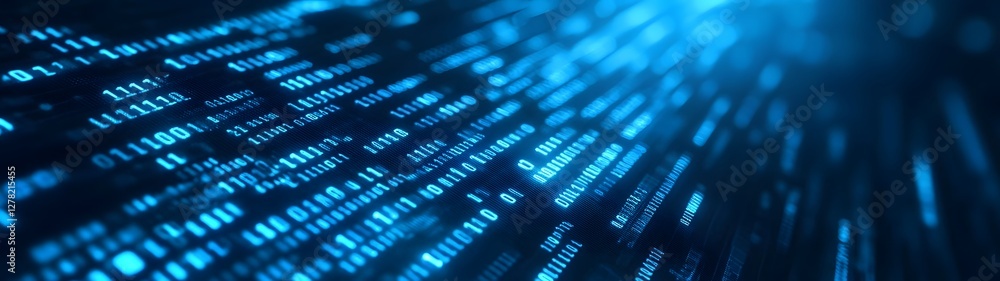 Poster Immersive digital data stream with a mesmerizing flow of futuristic blue lights and intricate binary code patterns