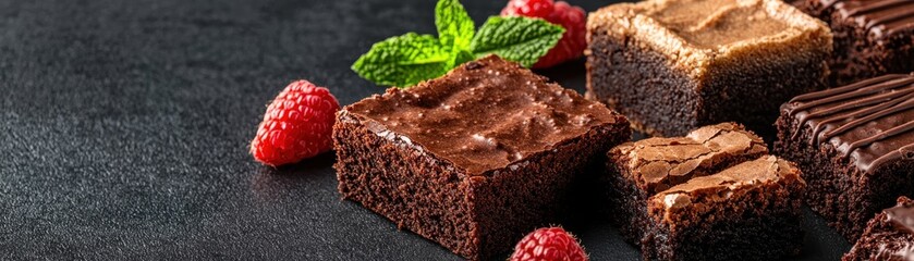 Delicious Assorted Brownies with Raspberries and Mint Leaves on Dark Surface