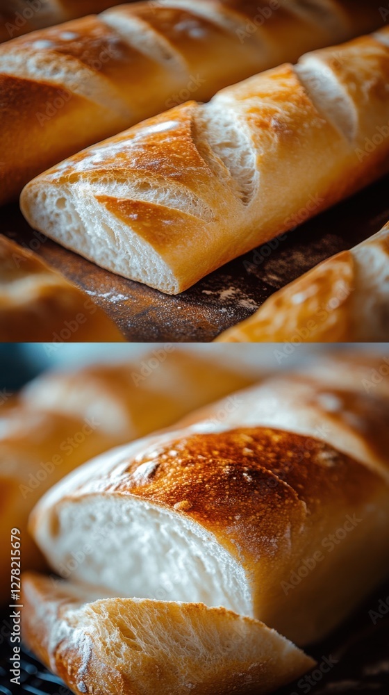 Aufkleber golden crust baguette loafs with airy crumb texture in warm light and shallow depth of field for bak