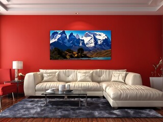 Modern Living Room Interior with Mountain View Artwork