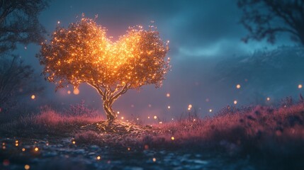 Glowing Heart-Shaped Tree in a Magical Forest at Night
