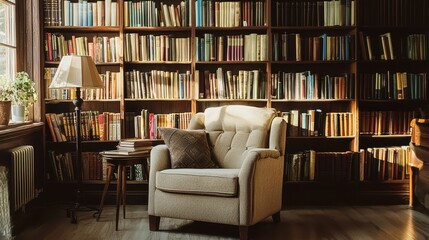 Cozy Reading Nook with Armchair and Bookshelves Filled with Books
