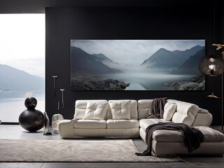 Modern Living Room with Mountain View and White Leather Sofa