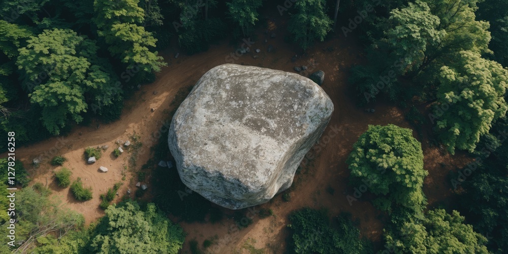 Poster aerial view of a large boulder surrounded by lush forest with space for text overlay on a serene nat