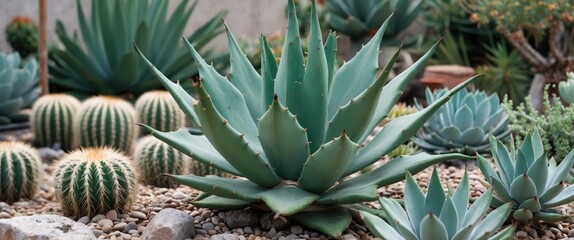 Obraz premium Agave Quadriflora Diverse Succulent Garden with Green Cactus and Various Plant Varieties in Natural Landscape Setting