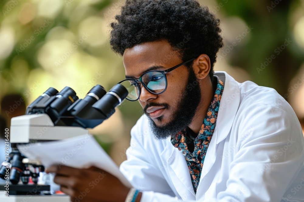Aufkleber Young scientist examines samples using a microscope in a laboratory setting during daylight