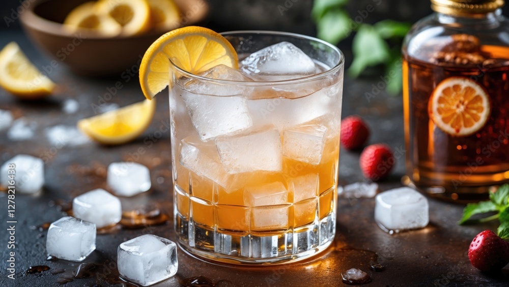 Poster refreshing alcohol cocktail with ice and lemon slice in transparent glass on rustic background with 