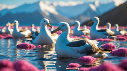 Albatross Birds Floating Among Vibrant Pink Flora in Subantarctic Waters with Scenic Mountain Background and Space for Text