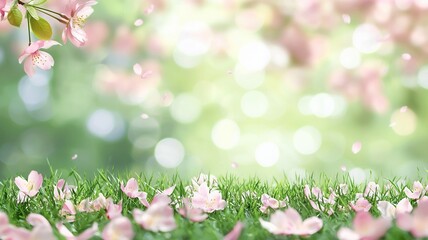Soft pink petals drifting over blooming meadow, verdant grass creating delicate spring time landscape soft green background