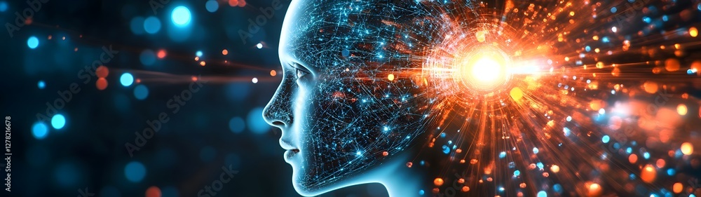 Poster Intelligence Explosion of Brilliant Mind s Cosmic Illumination   Conceptual image depicting the innovative and transformative power of human intelligence and technological progress