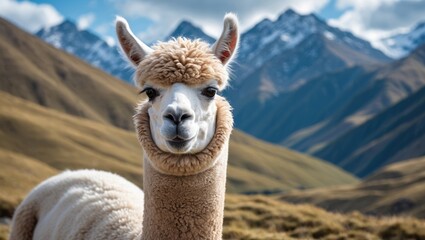 Obraz premium Alpaca in a picturesque mountain landscape with stunning peaks in the background showcasing the beauty of nature and wildlife.