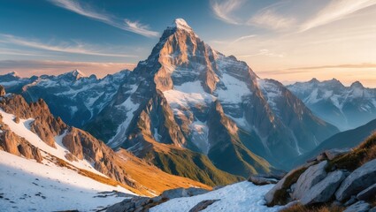 Majestic Mountain Landscape at Sunrise with Expansive Sky and Scenic View for Text Placement