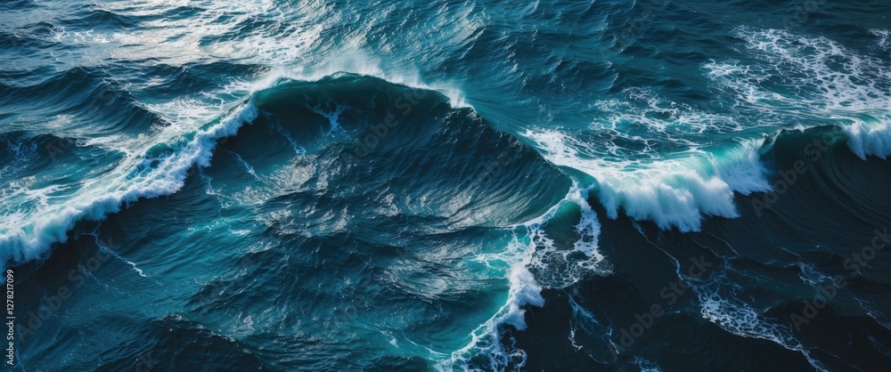 Poster aerial view of turbulent dark blue ocean waves creating a dynamic water texture with space for text 