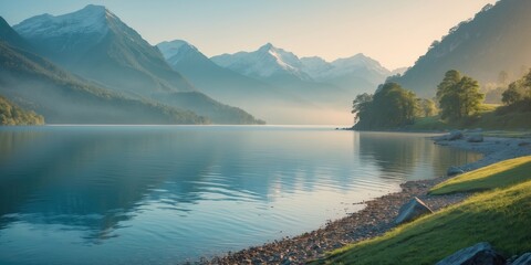 Serene Lakeside View of Blue Waters and Majestic Mountains at Dawn with Tranquil Atmosphere and Space for Textual Overlay
