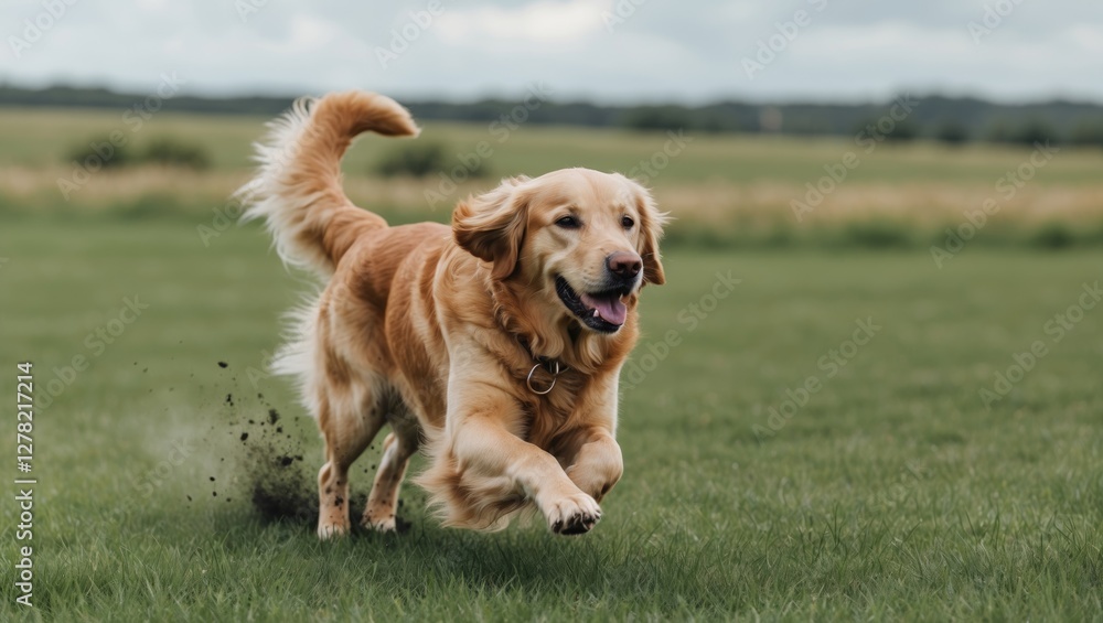 Poster happy golden retriever joyfully running across a lush green field with space for text or logo placem