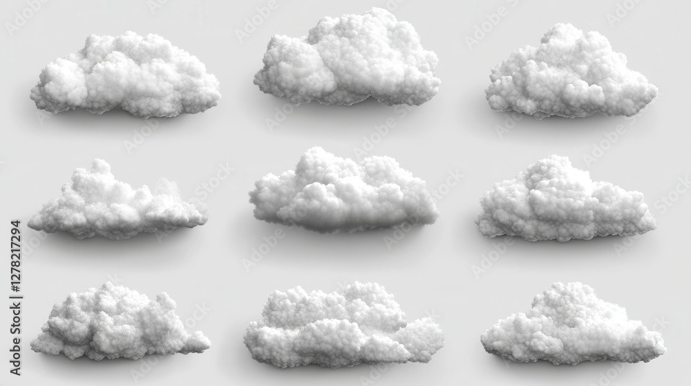 Aufkleber collection of nine fluffy white clouds on a light gray background creating an atmospheric and dreamy