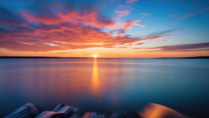 Naklejka premium Abstract Sunset Reflection on Calm Lake with Blurred Motion and Negative Space for Text Overlay