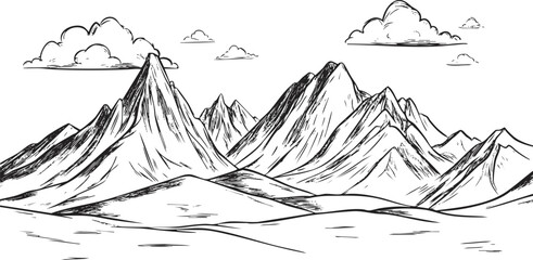 Black and white sketch of mountain landscape with clouds and hills.