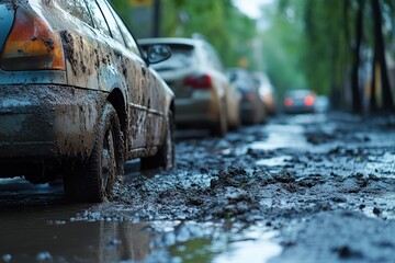 Fototapeta premium Muddy Mayhem Cars Caked in Earthy Grime After a Downpour on a Roadside Scene with a Moody Tone and a Low Angle Shot