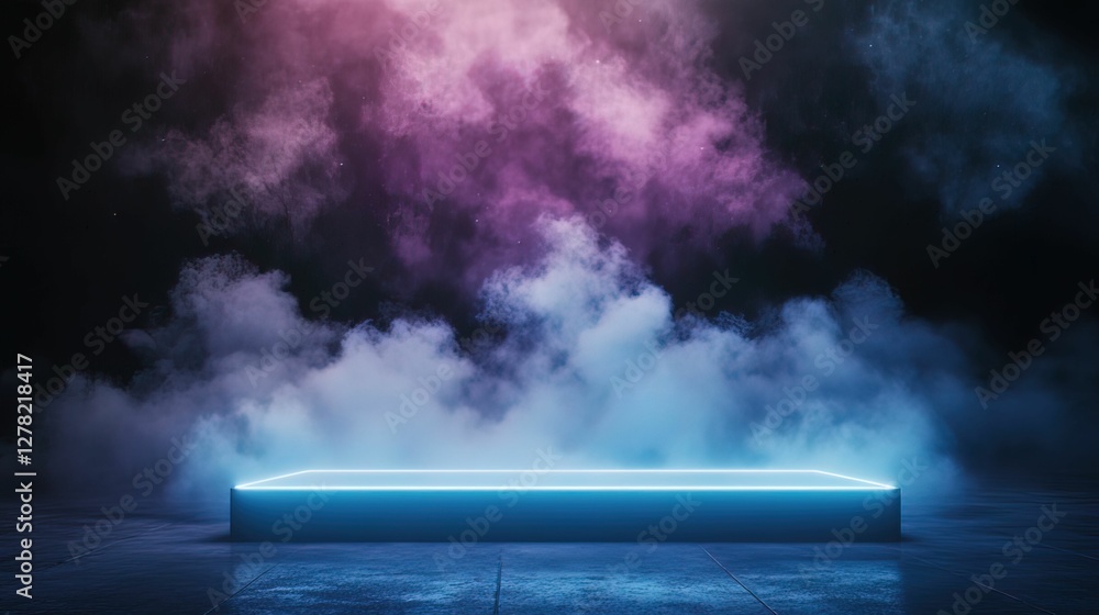 Poster digital abstract floating platform glowing amidst colorful clouds virtual environment concept futuri