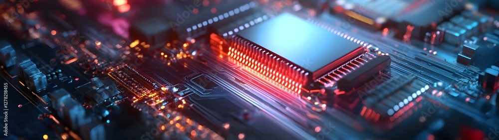 Poster Intricate circuitry microchips and electronic components on a high tech motherboard creating a futuristic and innovative technology background