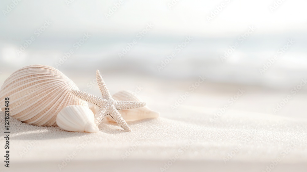 Poster starfish and seashells lie gracefully on the pristine white sand of a beach summer, creating a seren