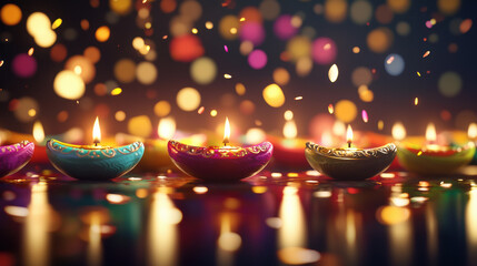 Elegant Row of Traditional Diwali Diyas with a Warm Glow and Dreamy Bokeh Lights
