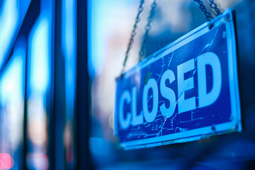 Zbliżenie na znak „Closed” na drzwiach zamkniętego lokalu.