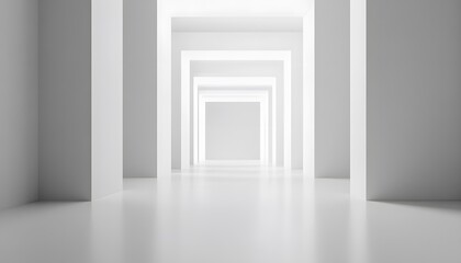 Long white corridor with repeating square openings receding inward
