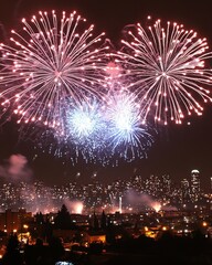 Majestic fireworks display illuminating the night sky over a vibrant cityscape creating a festive atmosphere with bursts of color and light