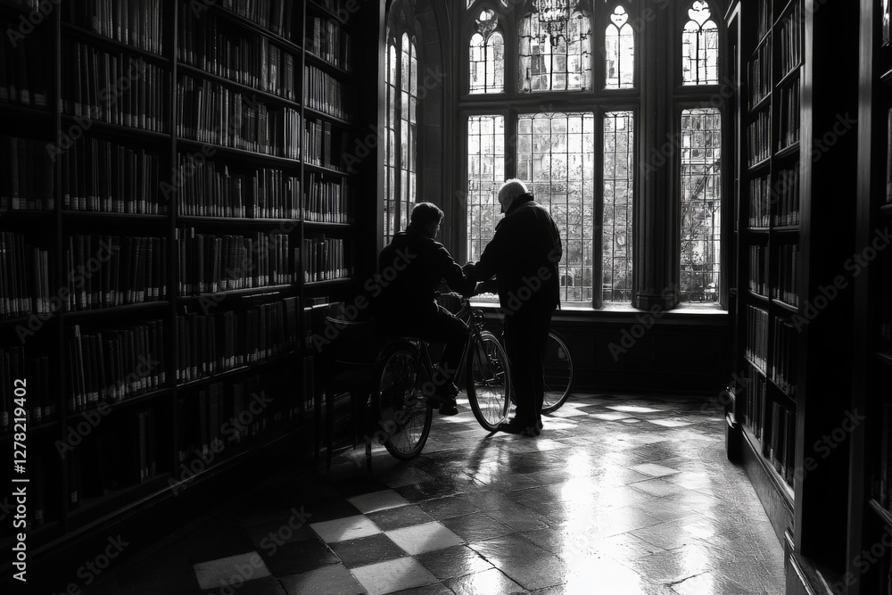 Poster discussion between two individuals on a bicycle in a historic library with tall windows