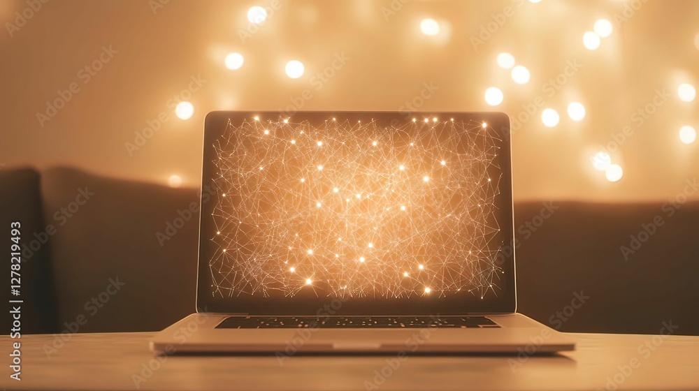 Poster abstract glowing web of secure digital communication home office digital cozy environment close-up v
