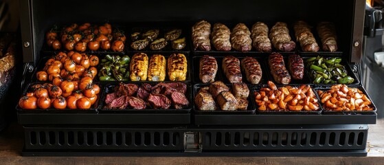 Delicious grilled assortment of meat vegetables and corn on a grill elevating culinary art with smoky flavors and vibrant colors in a culinary setting