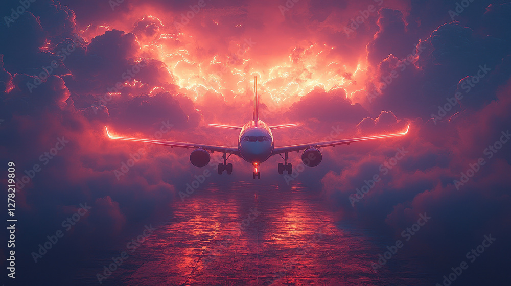 Poster plane navigates through clouds with vibrant contrails creating futuristic geometric patterns in dram