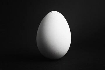 A single white egg is isolated against a black backdrop