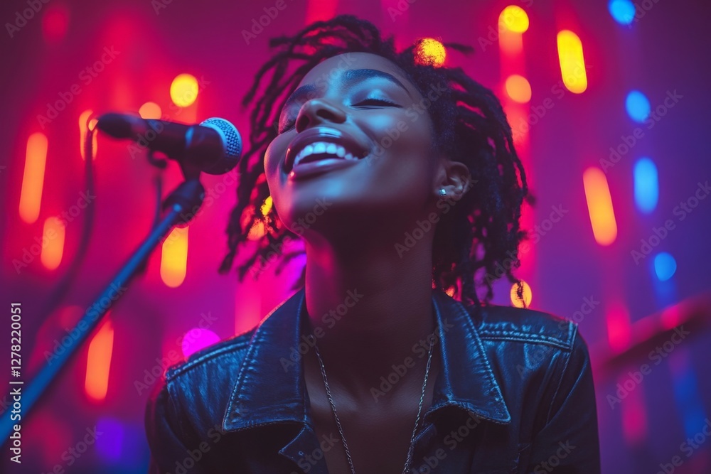 Poster performer enjoys vibrant atmosphere during live music event at a cozy venue in the evening