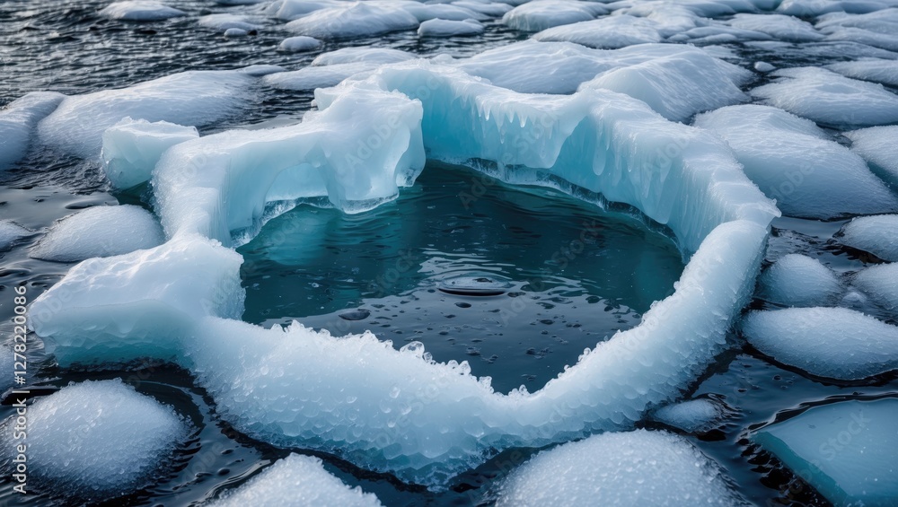 Poster ice formations floating on water surface, showcasing intricate textures and patterns typical of pola