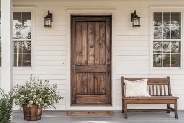 Charming farmhouse front porch with wooden door bench and floral arrangement creating a welcoming ambiance and rustic appeal