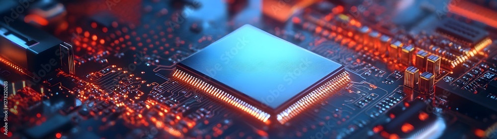 Aufkleber Intricate digital circuits futuristic microchip technology and advanced semiconductor components on a high tech circuit board background with vibrant colors and intricate patterns