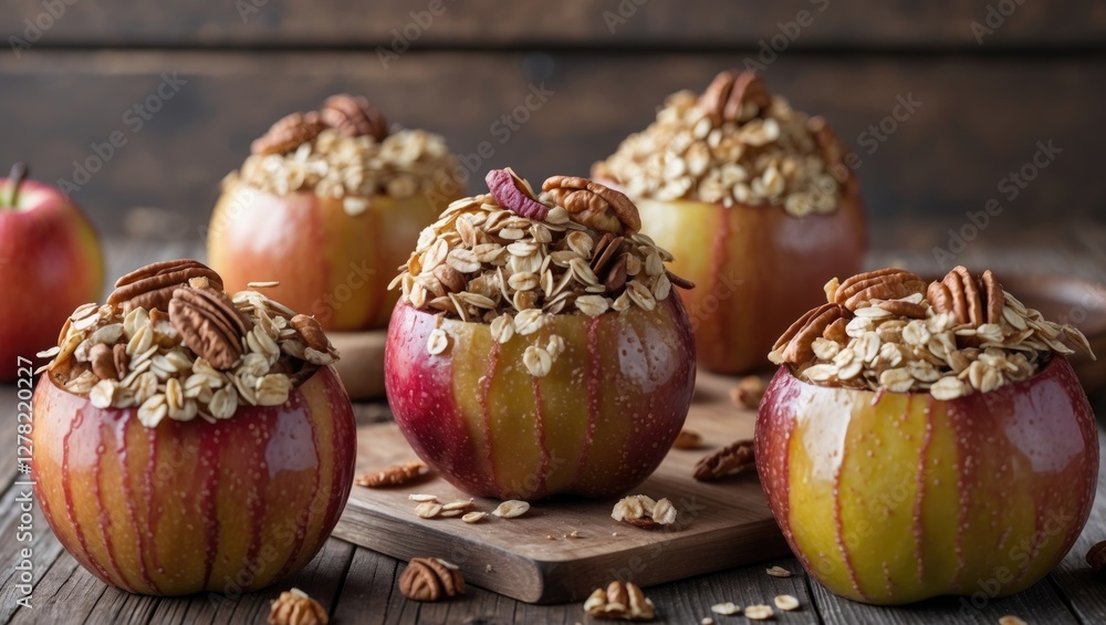 Poster baked apples filled with oatmeal and nuts on a rustic wooden table with space for text and a warm in