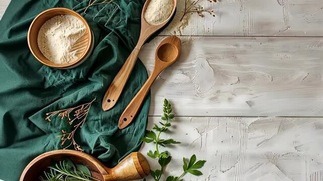 wooden spoon fork on wooden background top view
