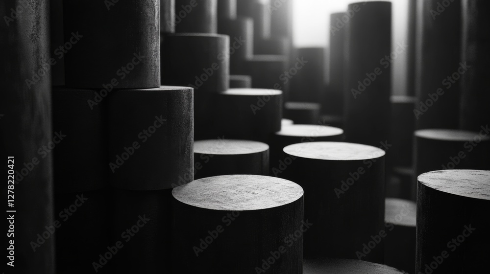 Poster dark cylindrical forms arranged with varying heights displayed