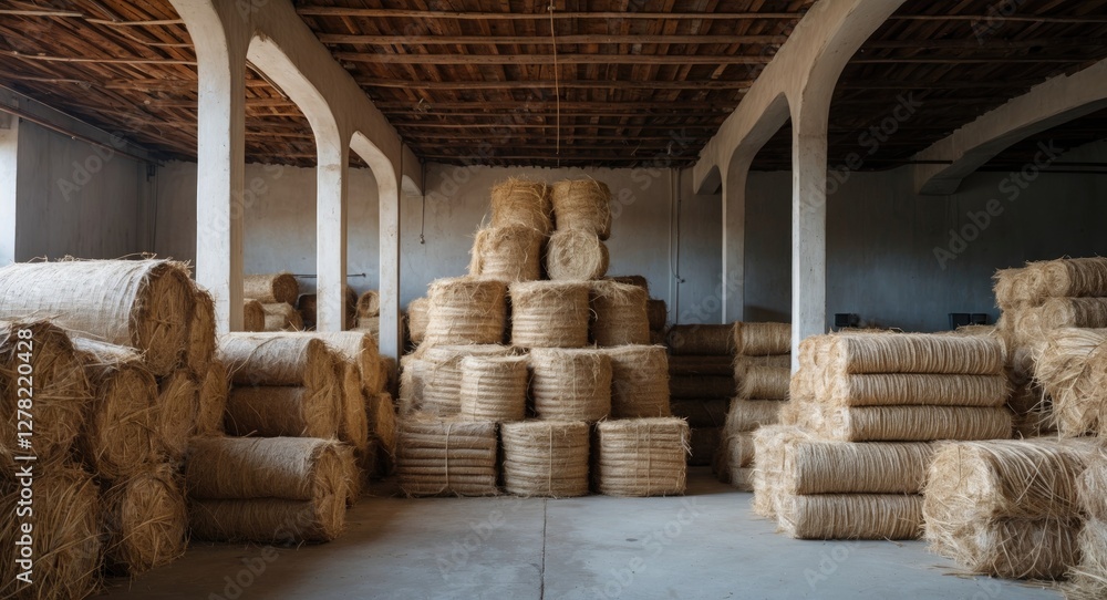 Poster bales of hay stacked in a large storage area with ample empty space for text and creative design ele