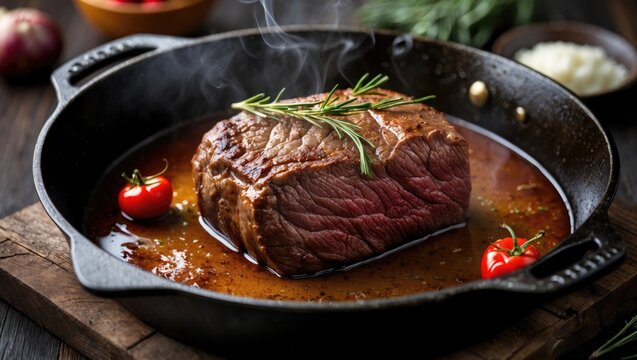 Tender Beef Roast with Herbs and Cherry Tomatoes in a Cast Iron Skillet on Rustic Wooden Table