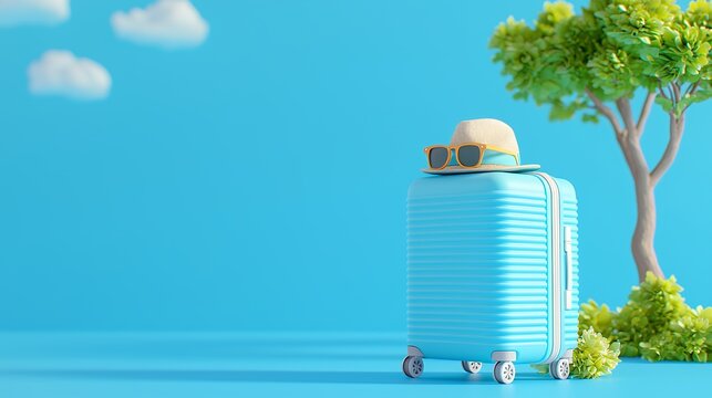 Light Blue Suitcase With Straw Hat And Sunglasses On A Blue Background