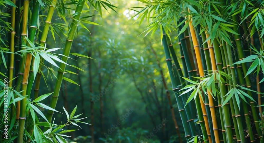 Poster lush bamboo forest with sunlight filtering through leaves creating a serene natural background for t