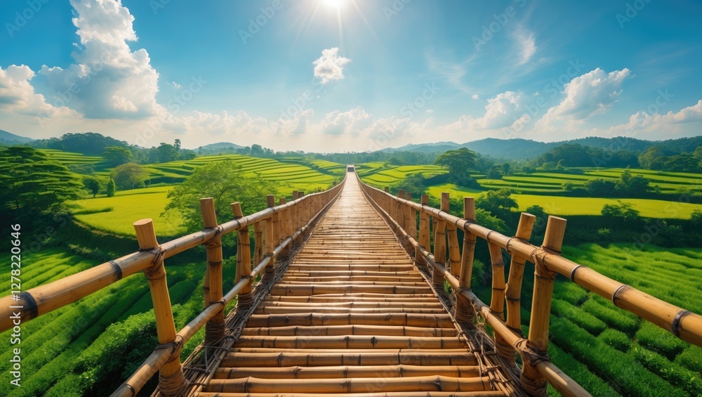 Poster bamboo bridge over lush green fields captured by aerial drone showcasing scenic landscape and open s