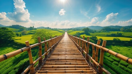 Obraz premium Bamboo Bridge Over Lush Green Fields Captured by Aerial Drone Showcasing Scenic Landscape and Open Space for Text Integration